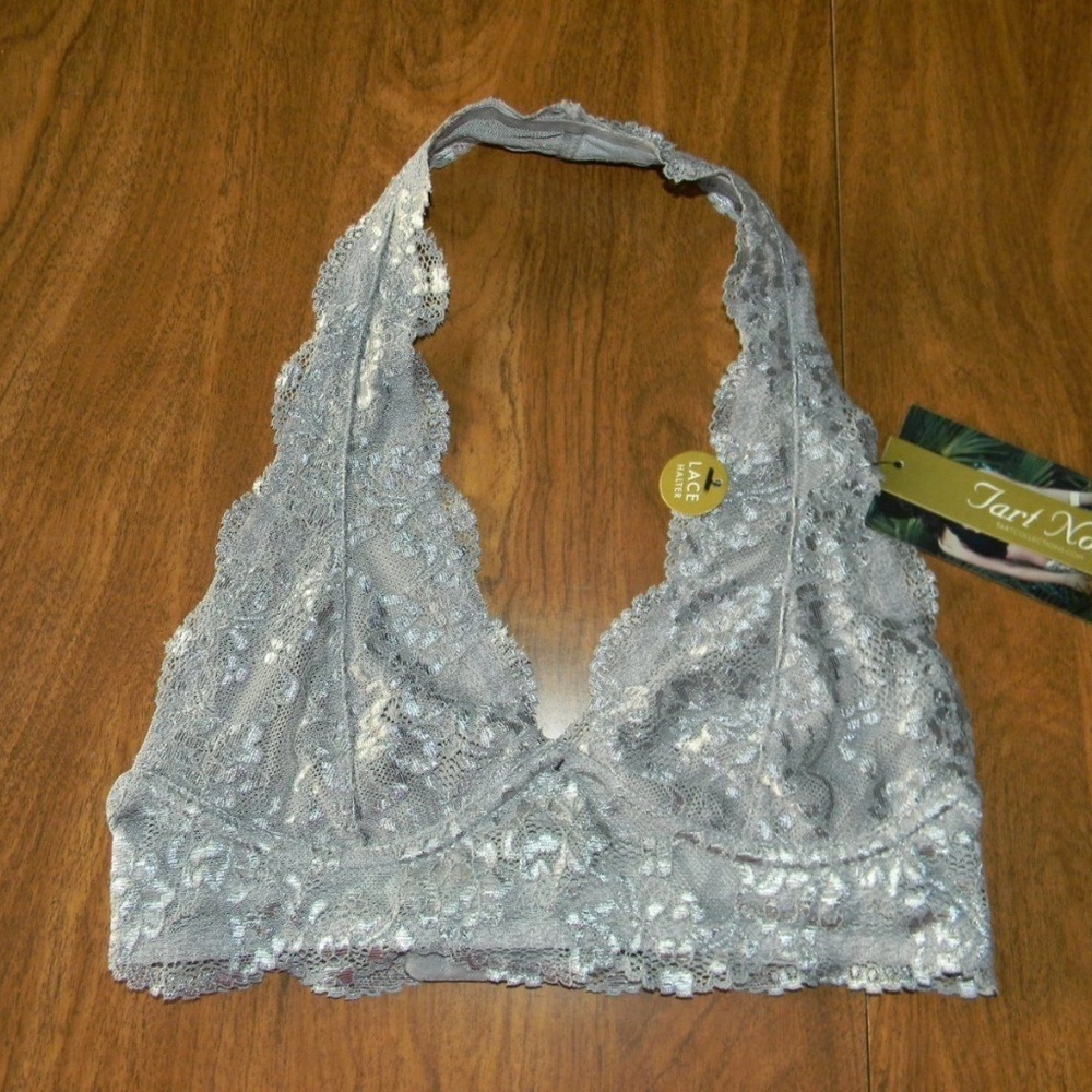 Tart Noir Small Silver Lace Lacy Halter Bra  NWT